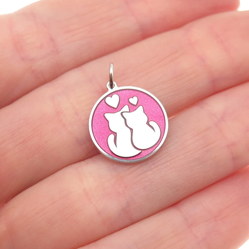 925 Sterling Silver Pink Enamel Cat Couple Round Tag Mini Charm Pendant